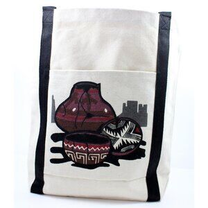 Stenciled Mimbres Pottery Canvas Tote Bag Front Pocket Southwest Design NEW